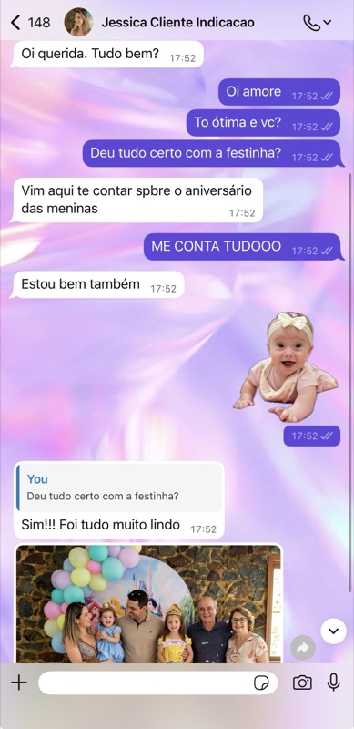 Print do WhatsApp da Jessica — aniversário das meninas