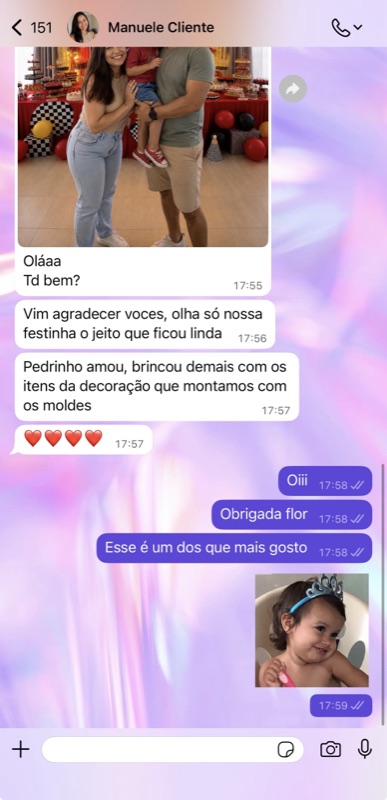 Print do WhatsApp da Manuele — Pedrinho amou a festa
